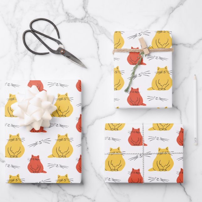 Cute Orange and Yellow Cat Pattern  Wrapping Paper Sheet (Front)