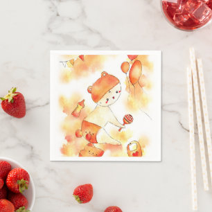 Cute Orange Baby Bear & Toys Watercolor Party Napk Napkin
