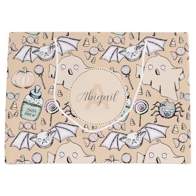 Cute Orange Baby Halloween Pumpkins, Bats & Ghosts Large Gift Bag (Front)