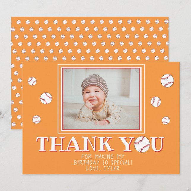 Cute Orange Baseball Balls Birthday Photo Thank You Card (Front/Back)