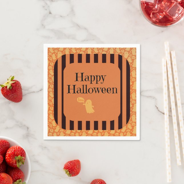 Cute Orange Black Ghost Happy Halloween Party Napkin (Insitu)