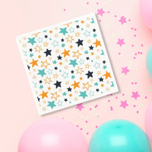 Cute Orange Black Teal Stars Pattern Kids Party Napkin