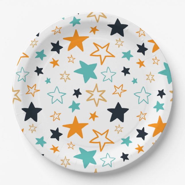 Cute Orange Black Teal Stars Pattern Kids Party Paper Plate (Front)