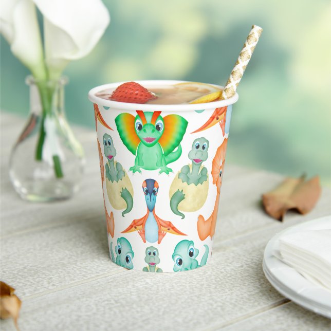 Cute Orange & Blue Boys Birthday Dinosaur Paper Cups (Insitu)