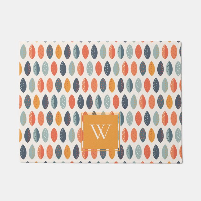 Cute Orange Blue Leafy Botanical Monogram Pattern Doormat (Front)