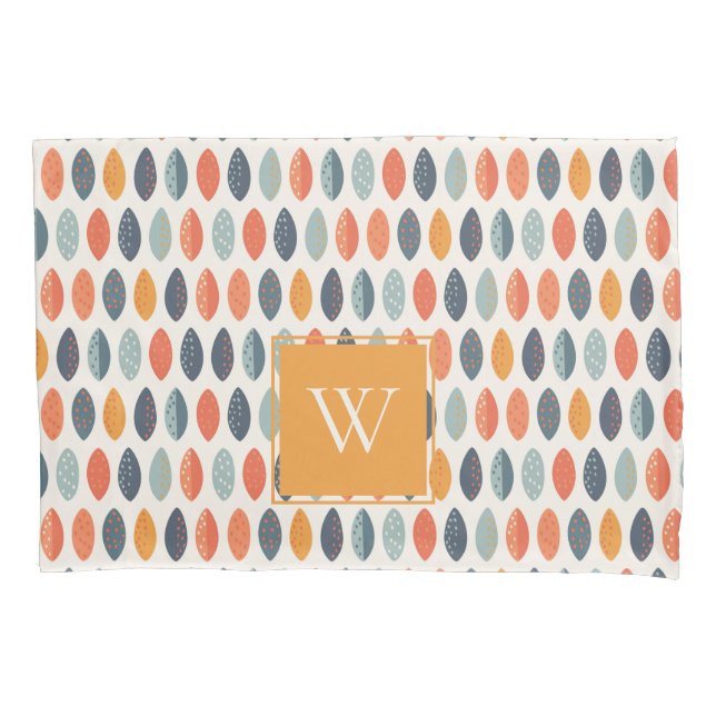 Cute Orange Blue Leafy Botanical Monogram Pattern Pillowcase (Front)