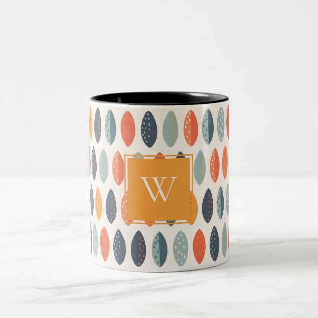 Cute Orange Blue Leafy Botanical Monogram Pattern Two-Tone Coffee Mug (Center)