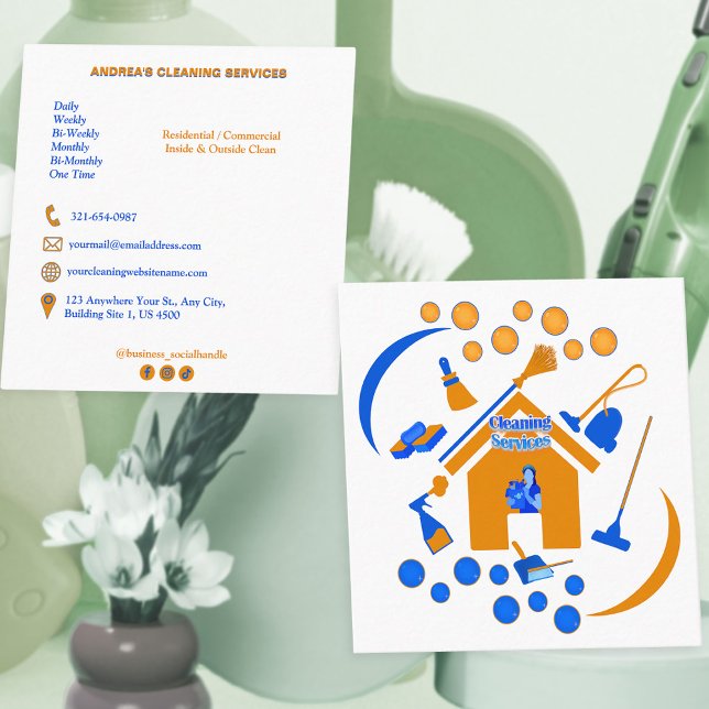 Cute Orange & Blue Professional Cleaning Services  Square Business Card (Creator Uploaded)