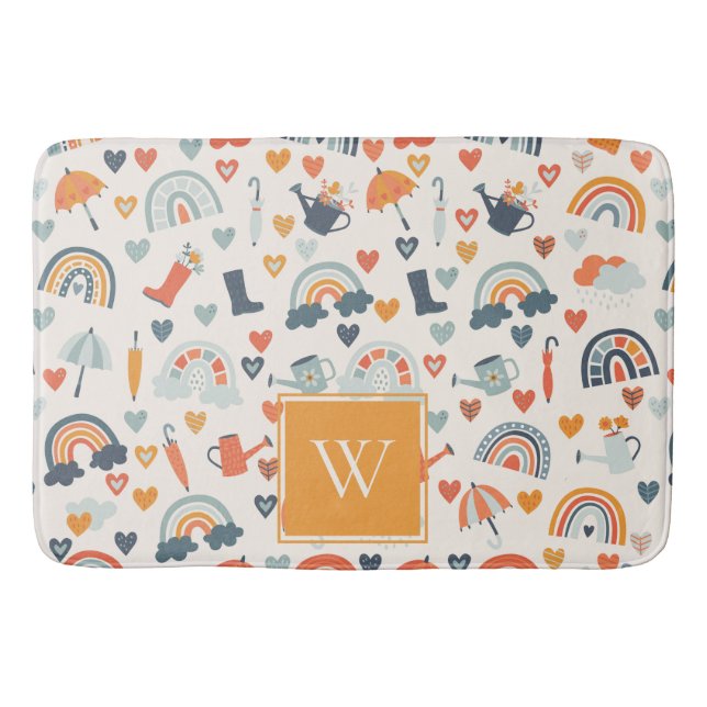 Cute Orange Blue Spring Rainbow Clouds Pattern Bath Mat (Front)