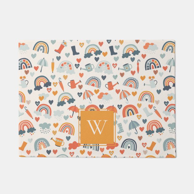 Cute Orange Blue Spring Rainbow Clouds Pattern Doormat (Front)
