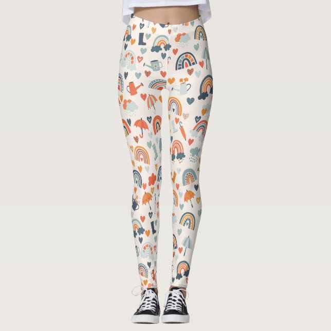 Cute Orange Blue Spring Rainbow Clouds Pattern Leggings (Front)