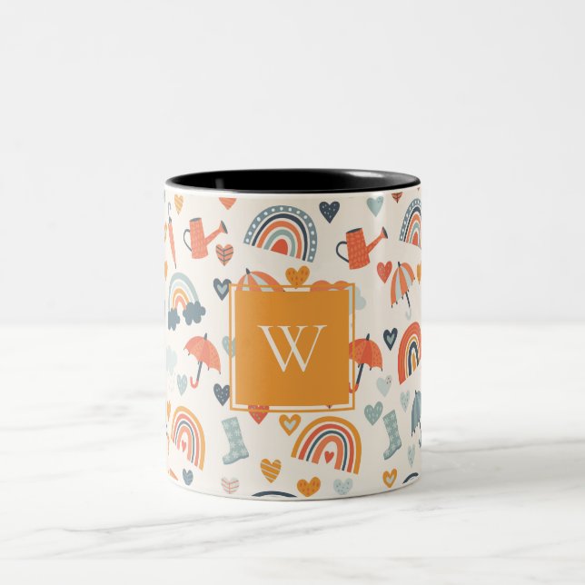 Cute Orange Blue Spring Rainbow Clouds Pattern Two-Tone Coffee Mug (Center)