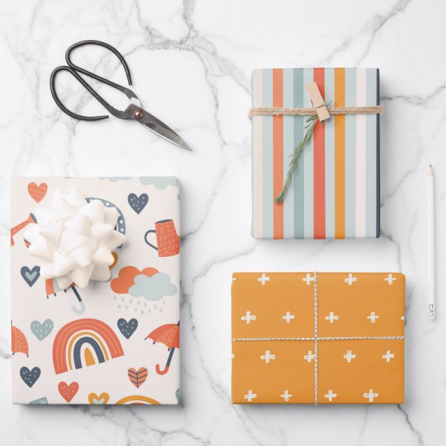 Cute Orange Blue Spring Rainbow Clouds Pattern Wrapping Paper Sheet (Front)