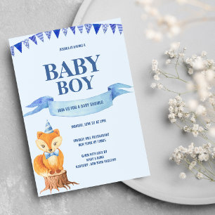Cute Orange Blue Watercolor Fox Boy Baby Shower Invitation