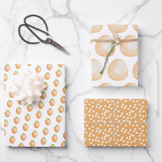 Cute Orange Carrots, Easter Eggs and Polkadots Wrapping Paper Sheet (Front)