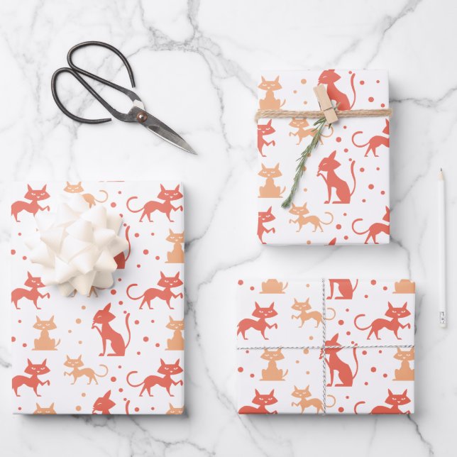 Cute Orange Cat and Star Pattern Wrapping Paper Sheet (Front)