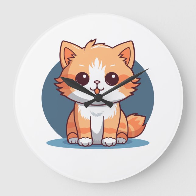 Cute Orange Cat Button Pin Large Clock (Front)