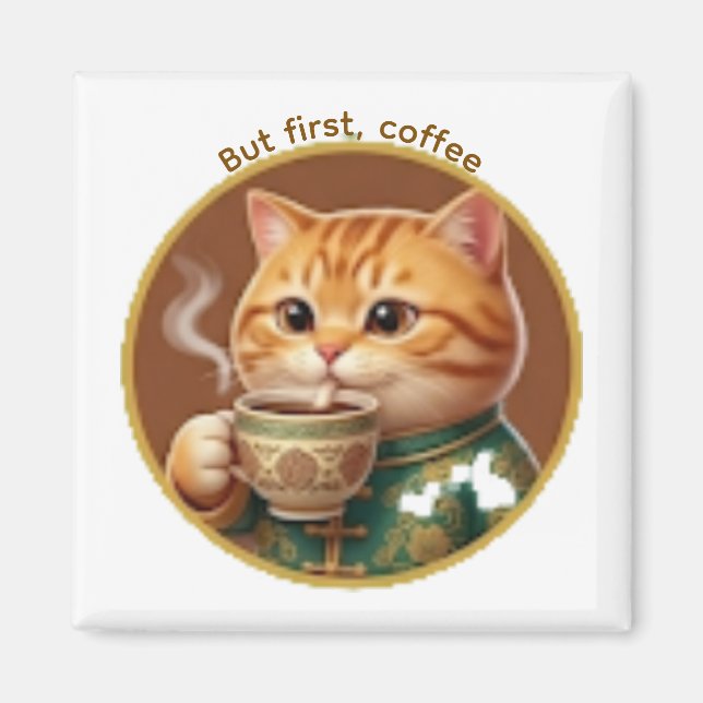 Cute Orange Cat Drinking Tea Coffee Magnet (Front)