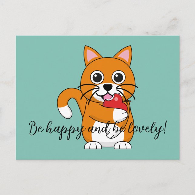 Cute Orange Cat Eating Apple Cartoon | Add Text Holiday Postcard (Front)