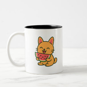 Cute Orange Cat Eating Watermelon   Kawaii Cartoon Two-Tone Coffee Mug