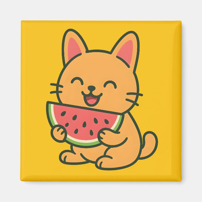 Cute Orange Cat Eating Watermelon Magnet | Funny F (Front)