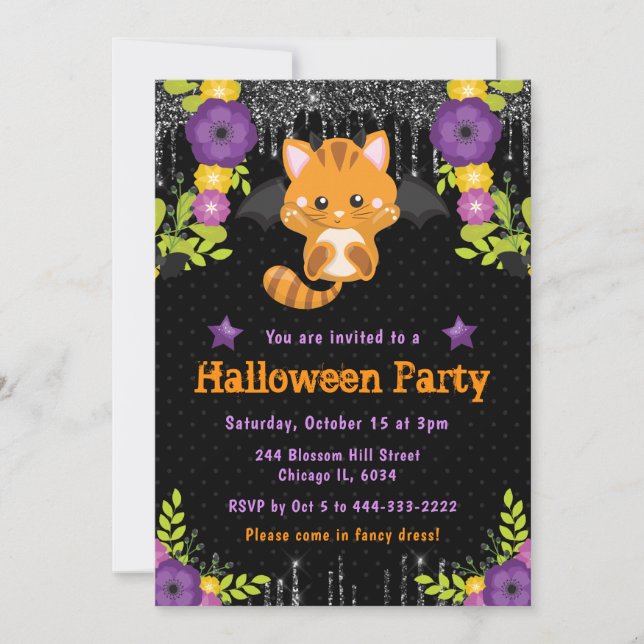 Cute Orange Cat Floral Halloween Party Invitation (Front)