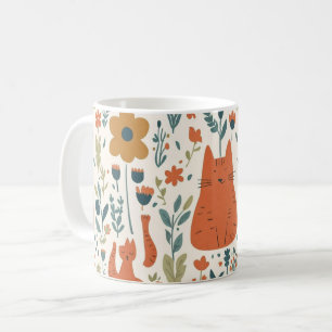 Cute Orange Cat Floral Mug Scandinavian Folk Art