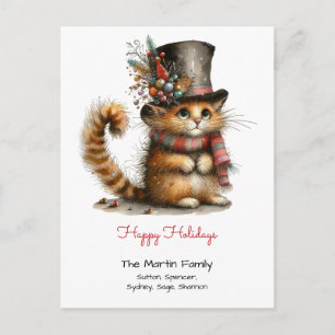 Cute Orange Cat in a Top Hat Happy Holidays Red Postcard
