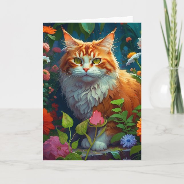 Cute Orange Cat in Colourful Flowers Ai Art Card (Front)