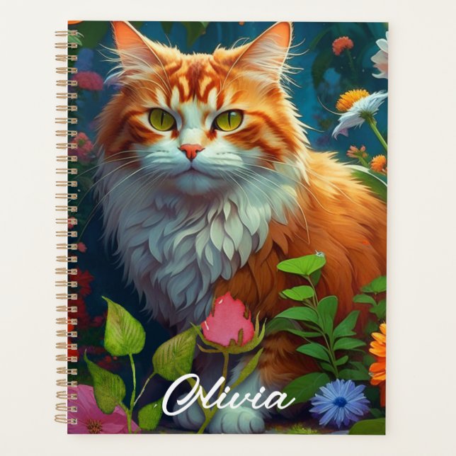 Cute Orange Cat in Flowers Personalised Planner (Front)