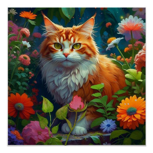 Cute Orange Cat in Flowers  Poster (Front)