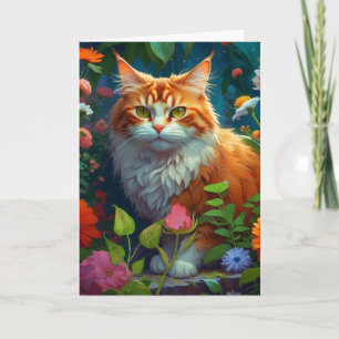 Cute Orange Cat in Flowers Thinking About You Card