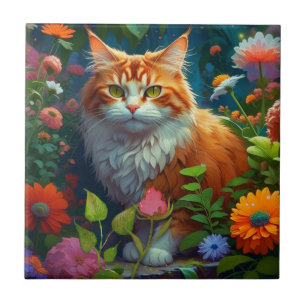 Cute Orange Cat in Flowers Tile