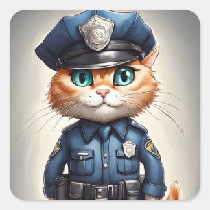 Cute Orange Cat in Police Uniform Watercolor Art Square Sticker