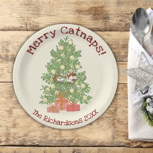 Cute Orange Cat on Chistmas Tree Merry Catnaps! Paper Plate