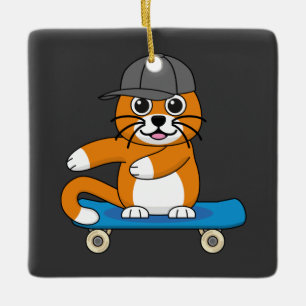 Cute Orange Cat on Skateboard Cartoon Ceramic Ornament