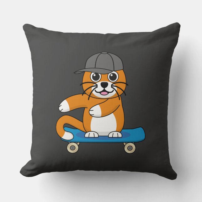 Cute Orange Cat on Skateboard Cartoon Cushion (Front)