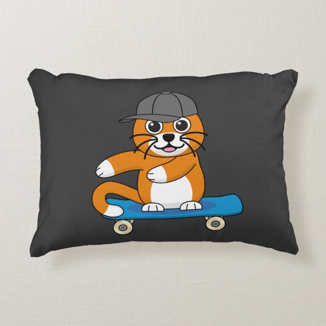 Cute Orange Cat on Skateboard Cartoon Decorative Cushion (Front)