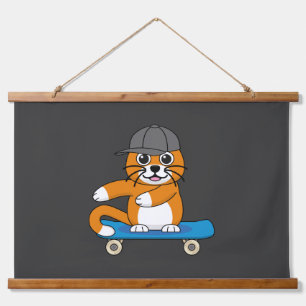 Cute Orange Cat on Skateboard Cartoon Hanging Tapestry