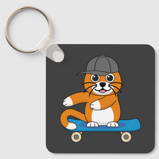 Cute Orange Cat on Skateboard Cartoon Key Ring (Front)