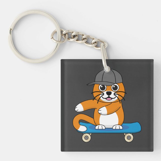 Cute Orange Cat on Skateboard Cartoon Key Ring (Front)