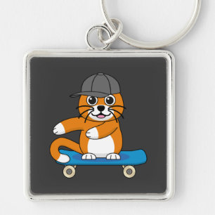 Cute Orange Cat on Skateboard Cartoon Key Ring