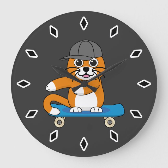 Cute Orange Cat on Skateboard Cartoon Large Clock (Front)