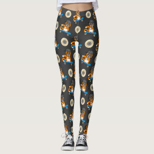 Cute Orange Cat on Skateboard Cartoon Leggings