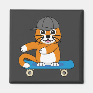 Cute Orange Cat on Skateboard Cartoon Magnet