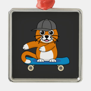 Cute Orange Cat on Skateboard Cartoon Metal Tree Decoration