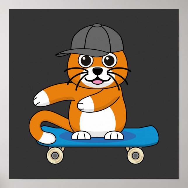 Cute Orange Cat on Skateboard Cartoon Poster (Front)