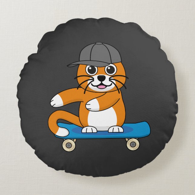 Cute Orange Cat on Skateboard Cartoon Round Cushion (Front)
