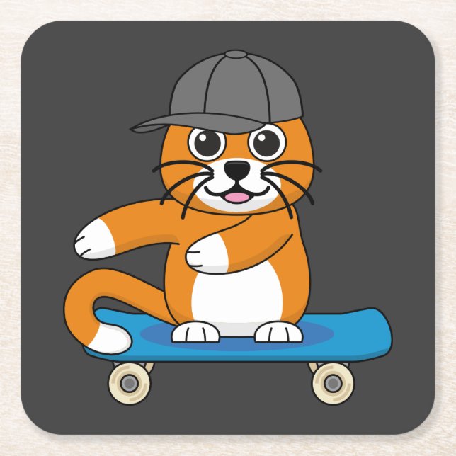 Cute Orange Cat on Skateboard Cartoon Square Paper Coaster (Front)
