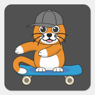 Cute Orange Cat on Skateboard Cartoon Square Sticker